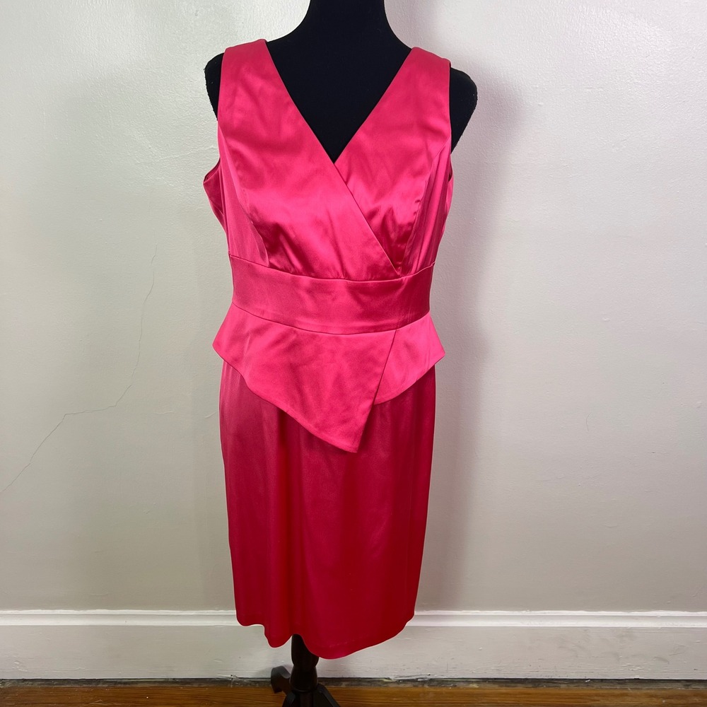 Donna Ricco Size 12 Hot Pink Satin Peplum V-Neck Sleeveless Cocktail Dress